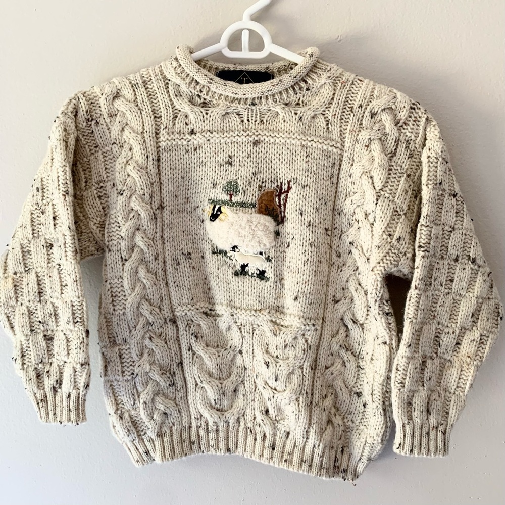 Tivoli Pure Wool Cream/Marble Sheep Cable Knit Sweater Toddler 5/7